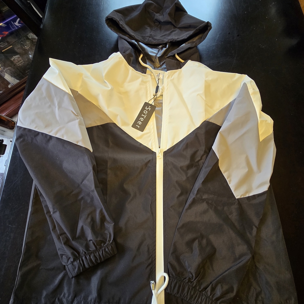 SoTeer Colorblock Hooded Windbreaker Jacket Zip Drawstring Hem Mid-Length M